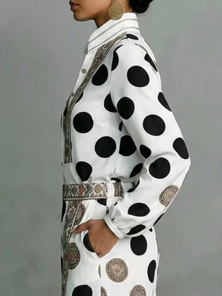 Floral Polka Dot Blouse And Wide Leg Pants Set for Women