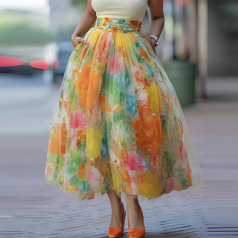 Floral Pleated High Waist A Line Midi Skirt for Women