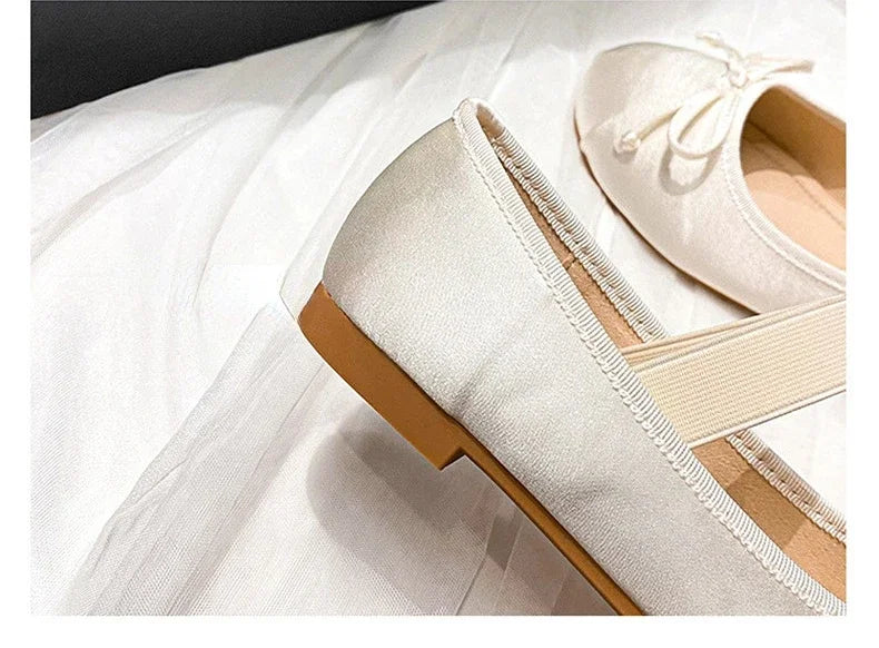 Round Toe Bow Satin Mary Jane Ballet Flats for Women