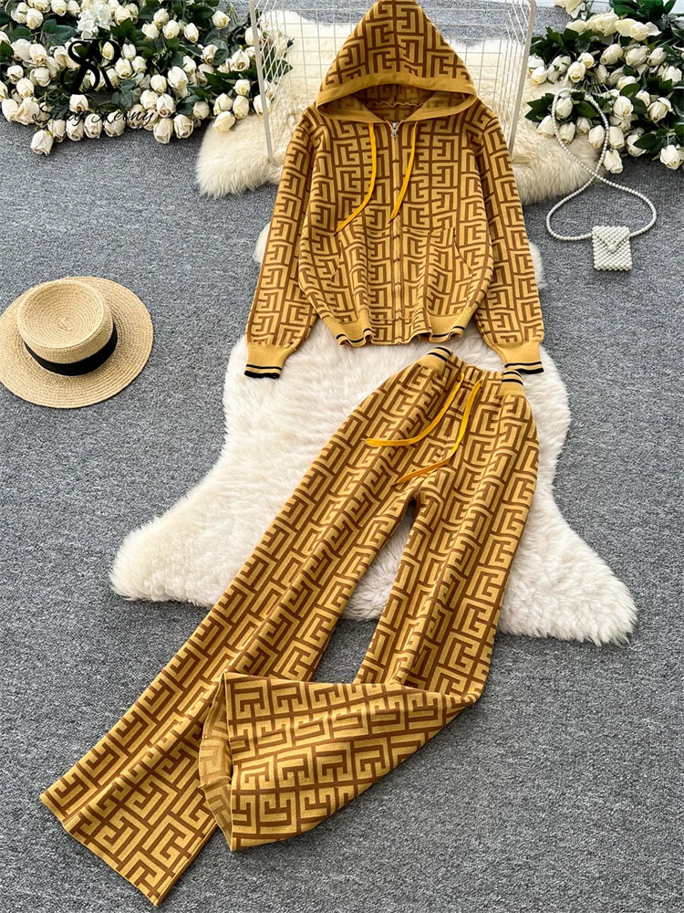 Geometric Print Hooded Knit Two Piece Set for Women