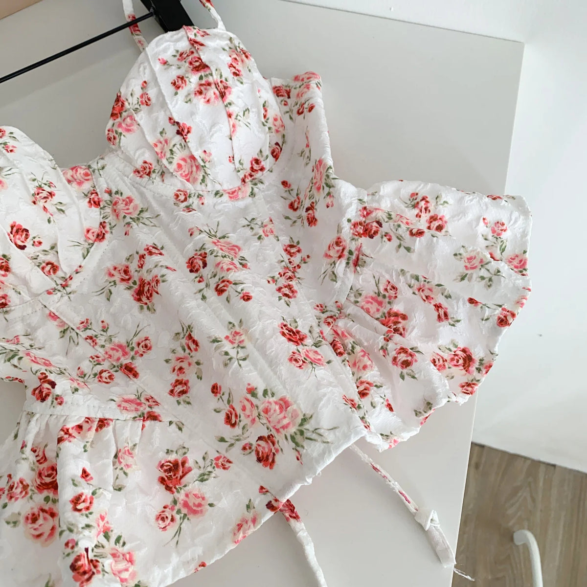 French Corset Print Ruffle Strap Tank Top for Women