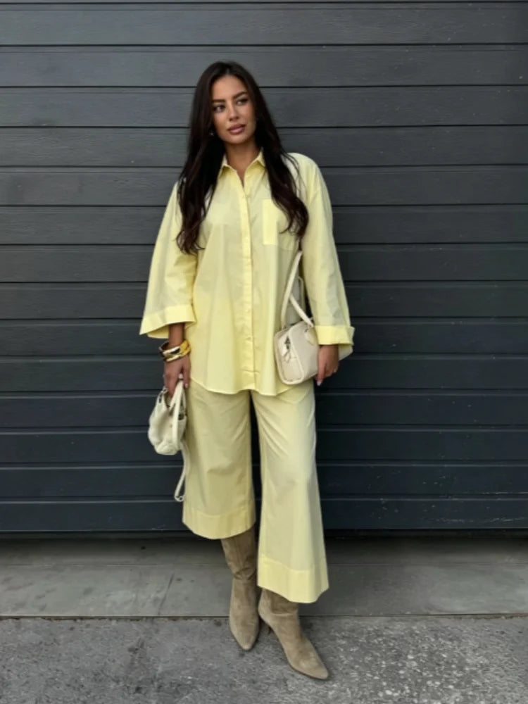 Casual Solid Shirt and Wide Leg Pants Set for Women