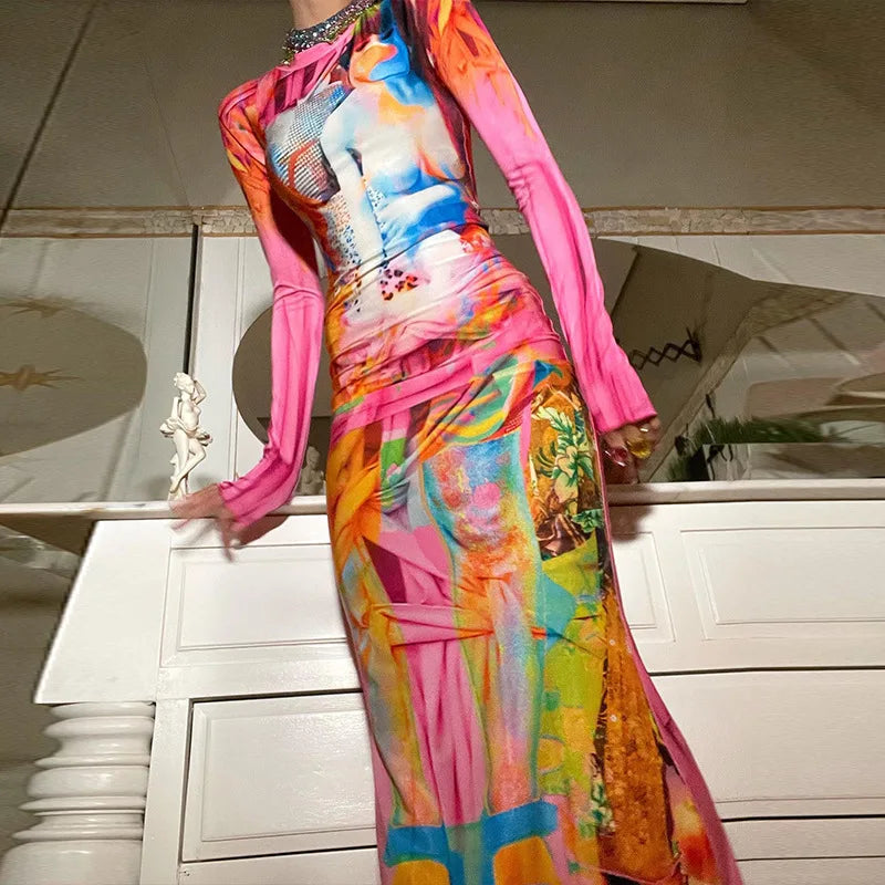 Punk Graffiti Print Bodycon Long Dress Women 2025 Autumn Stand Collar Long Sleeve Slim Fit Fish Tail Dress Party Club Robes