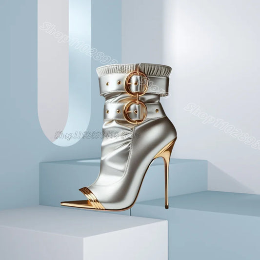 Silver Buckle Open Toe Stiletto Boots