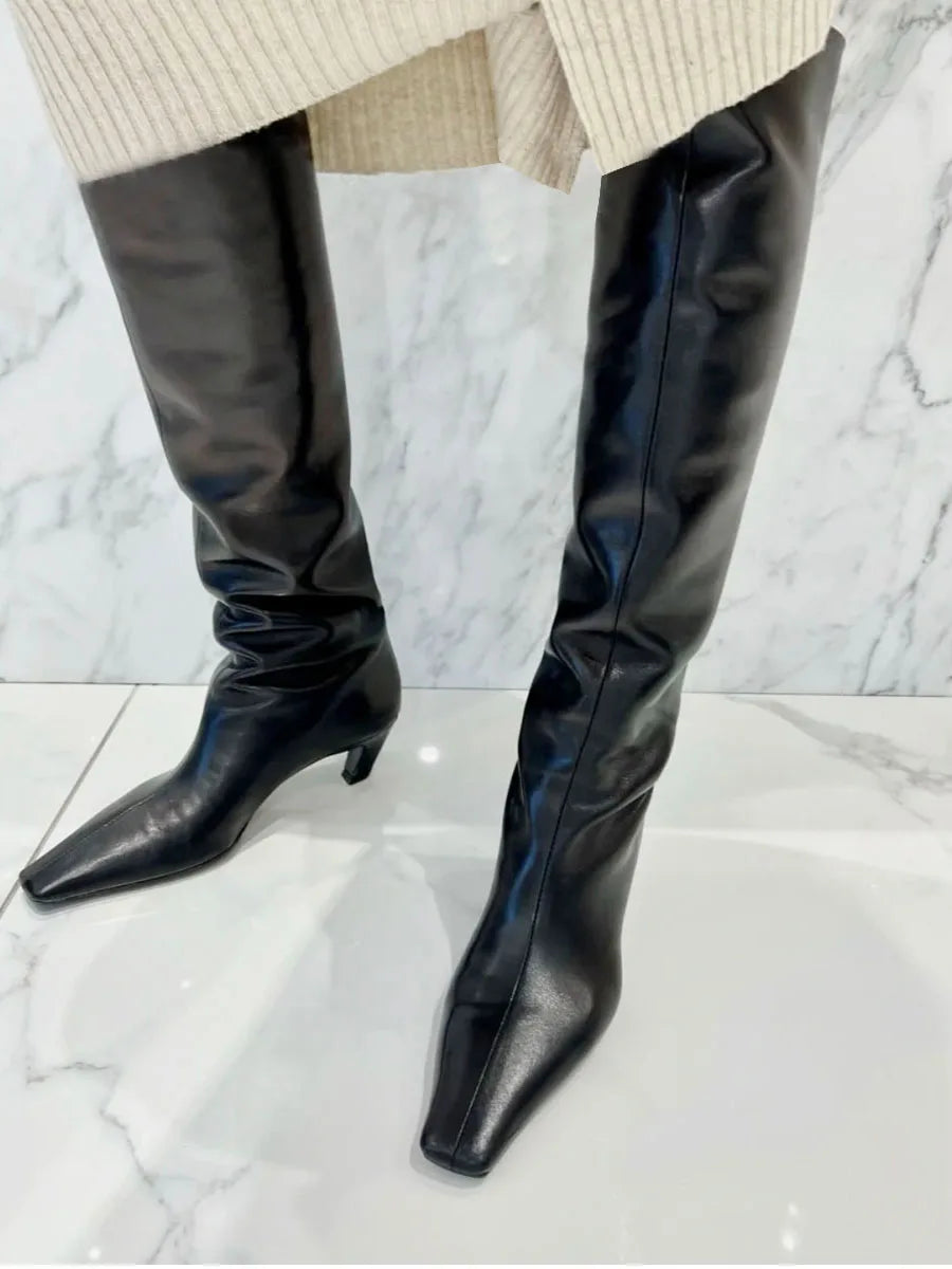Square Toe Leather Knee High Boots With Zip Closure For Women