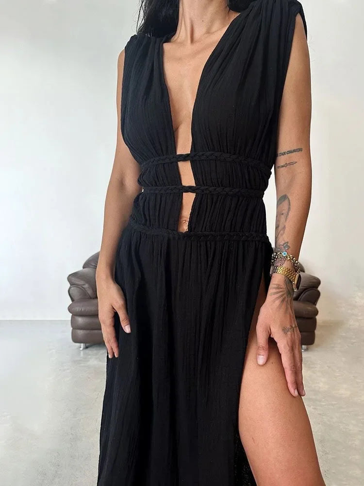 2025 Sexy Swimsuit Cover Up V Neck Back Open Beach Maxi Dress For Women Braided Belt Slit Long Tunic Vintage Party Dresses A2922