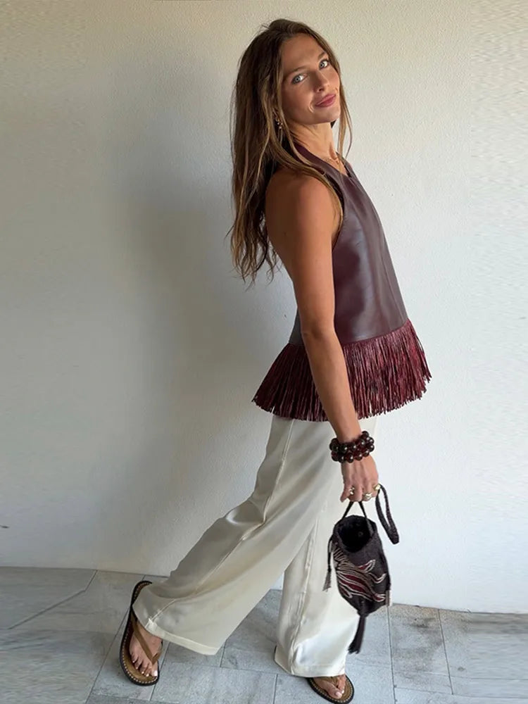 Faux Leather Patchwork Fringe Halter Top for Women