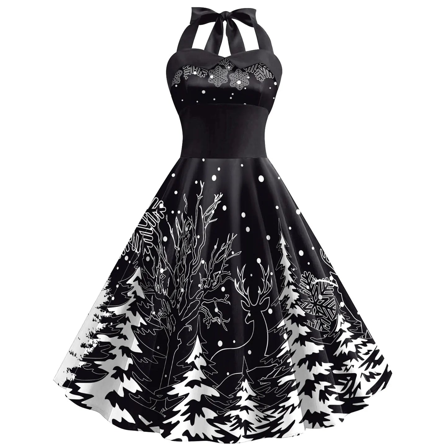 Festive Christmas Tree Print Elegant Midi Dress for Women