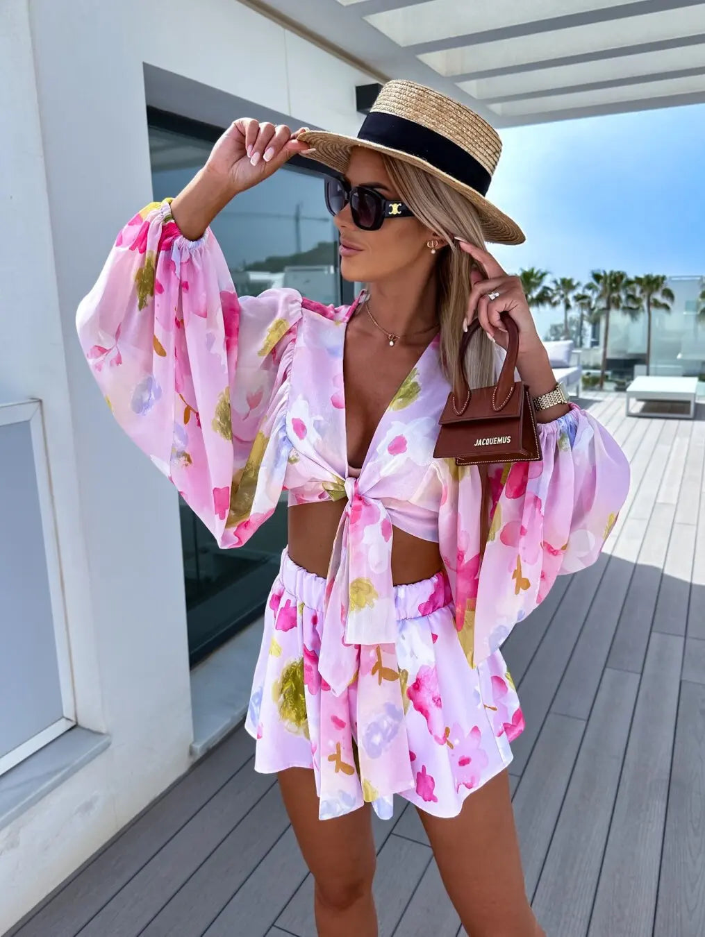 Lace-Up Lantern Sleeve Deep-V-Neck Chiffon Two-Piece Set for Women