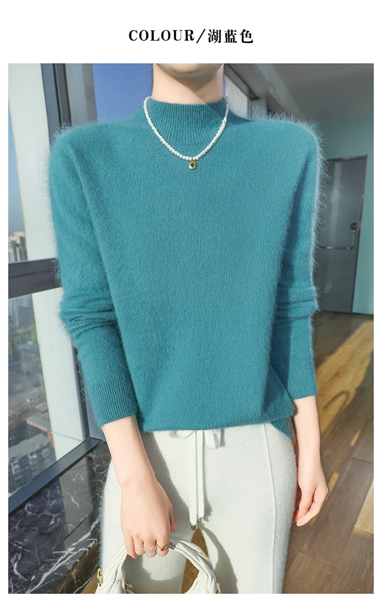 Loose Cashmere Knit Half High Neck Pullover Sweater for Women