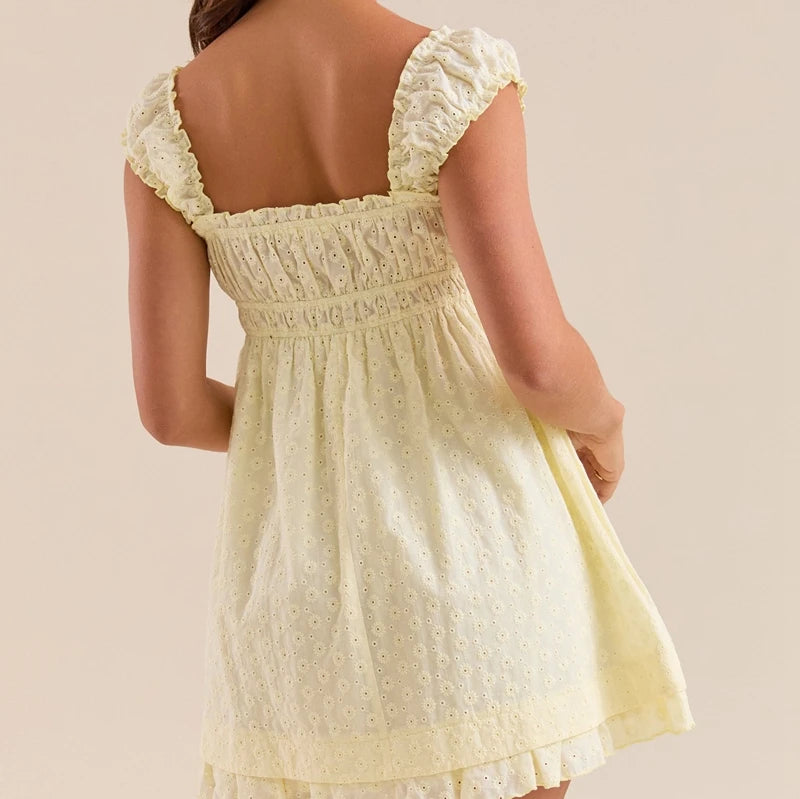 Summer Eyelet Ruffle Hem Babydoll Mini A-Line Dress for Women
