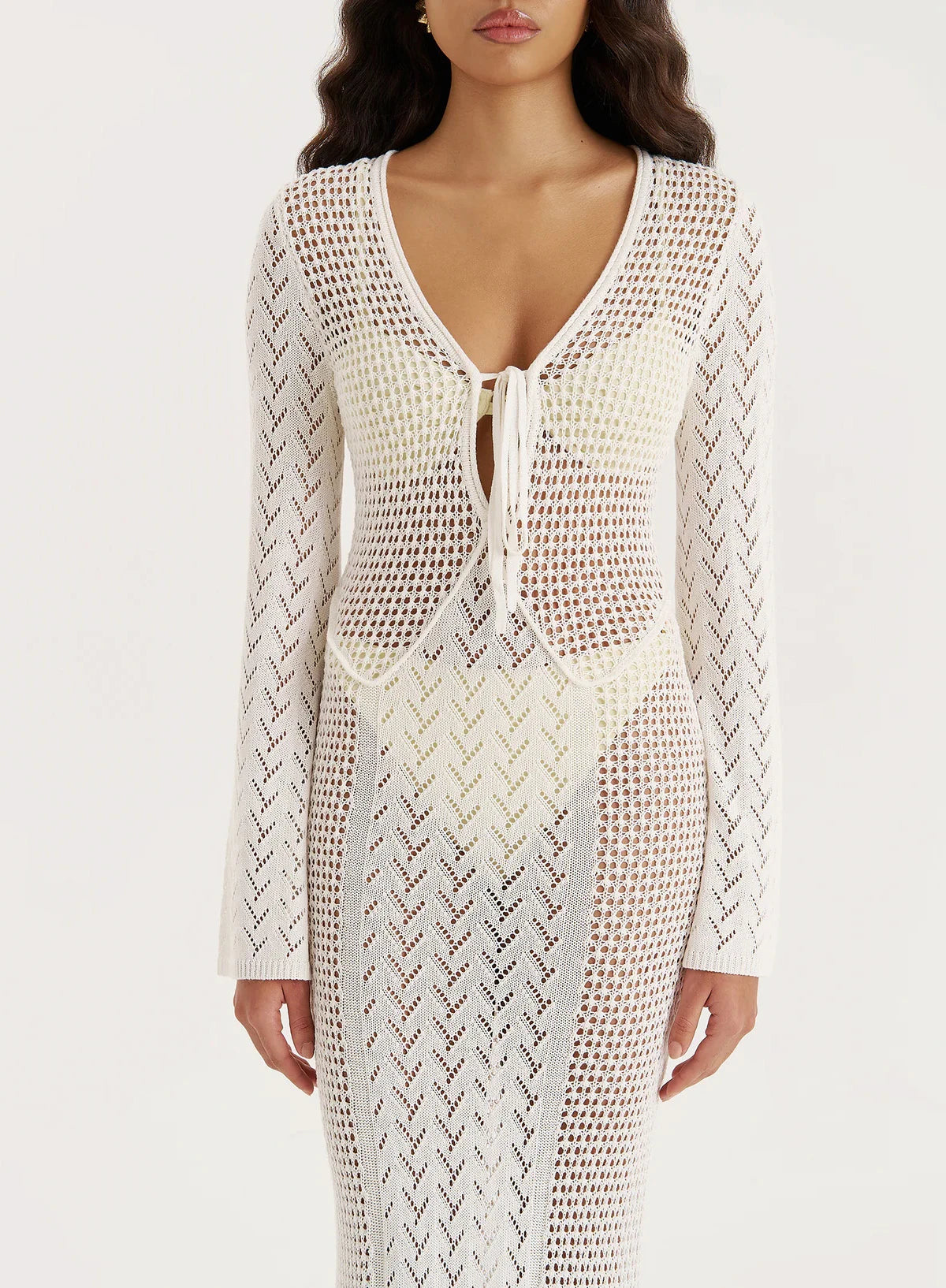 Women Sexy White Knit Swimsuit Cover Up Deep V-neck Tie Hollow Out Long Sleeve Beach Maxi Dress 2025 Summer Holiday Outfit K186