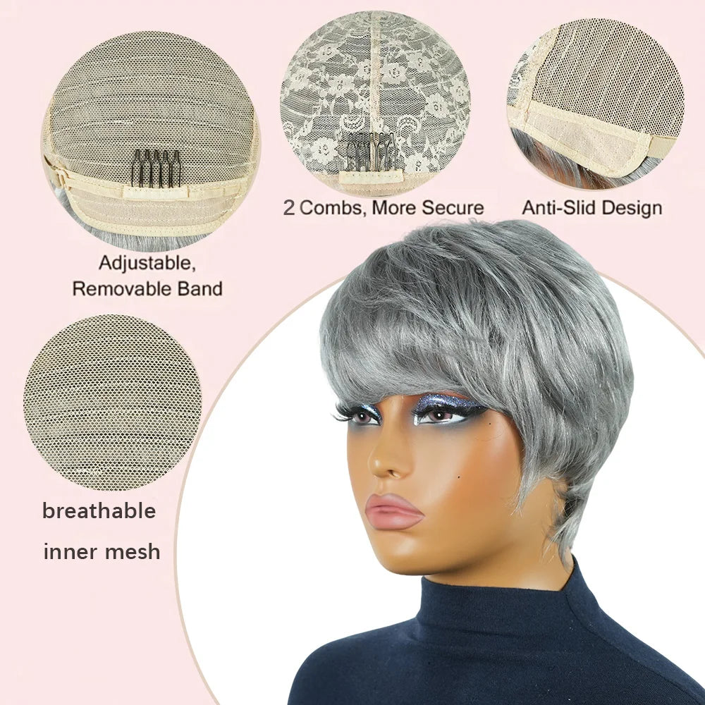Silver Grey Straight Pixie Cut Premium Human Hair Wig For Women