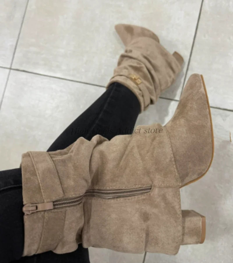 Suede Pointed Toe Metal Buckle Chunky Heel Mid Calf Boots For Women