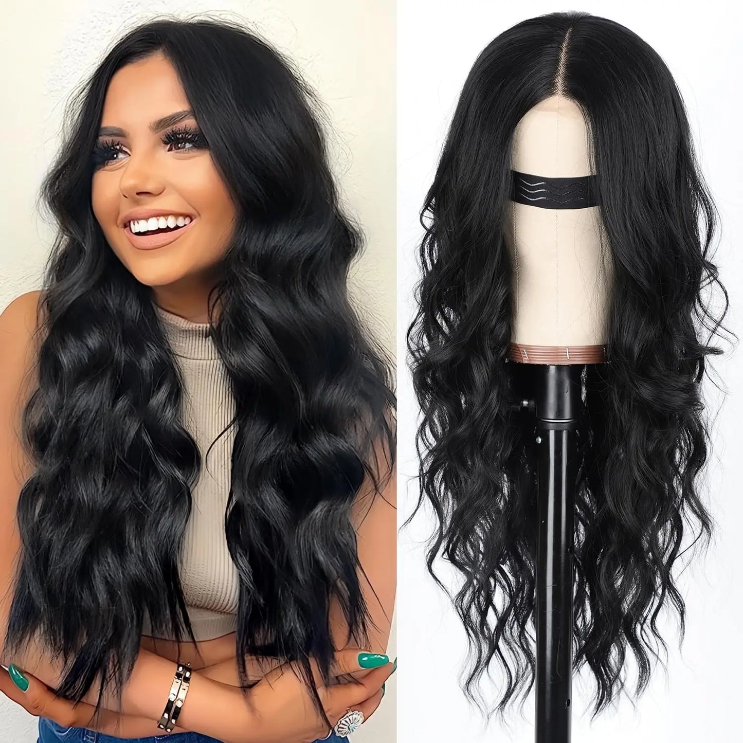Black Long Wavy Synthetic Lace Hairline Middle Part Wig For Women