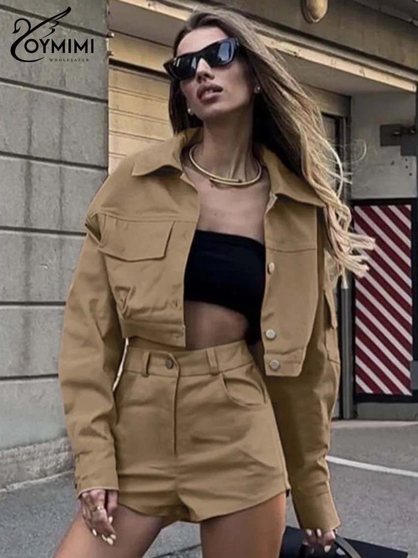 Oymimi Casual Khaki Womens 2 Piece Outfit Set Fashion Long Sleeve Button Pockets Shirts And High Waist Simple Shorts Streetwear