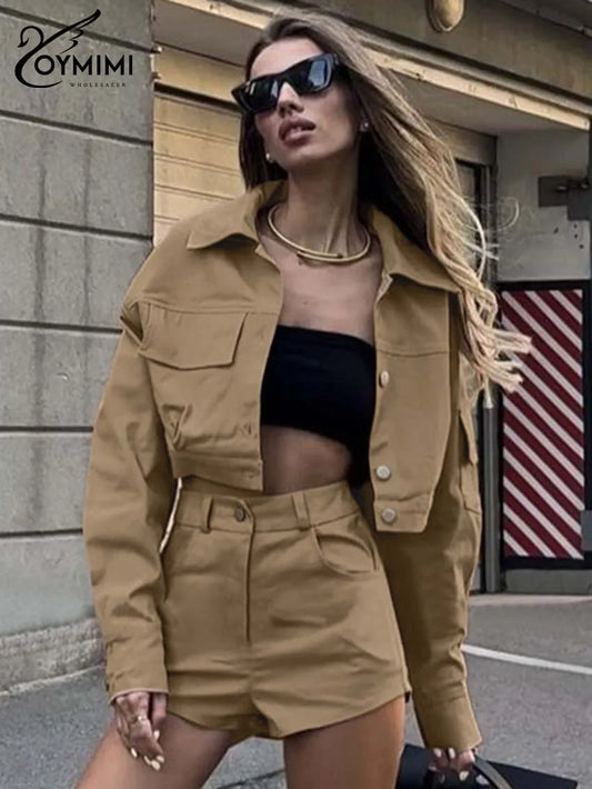 Oymimi Casual Khaki Womens 2 Piece Outfit Set Fashion Long Sleeve Button Pockets Shirts And High Waist Simple Shorts Streetwear