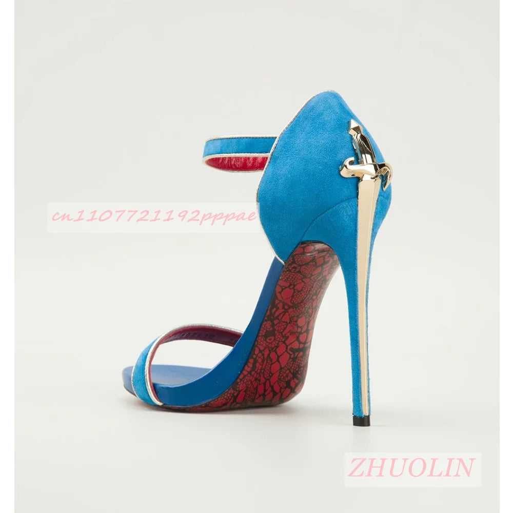 Blue Suede Metallic Sword-Shaped High Heels for Women