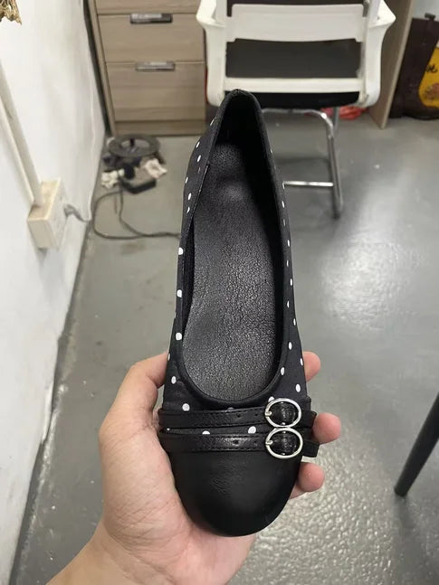 Black Studded Leather Lace Up Round Toe Flat Shoes For Women