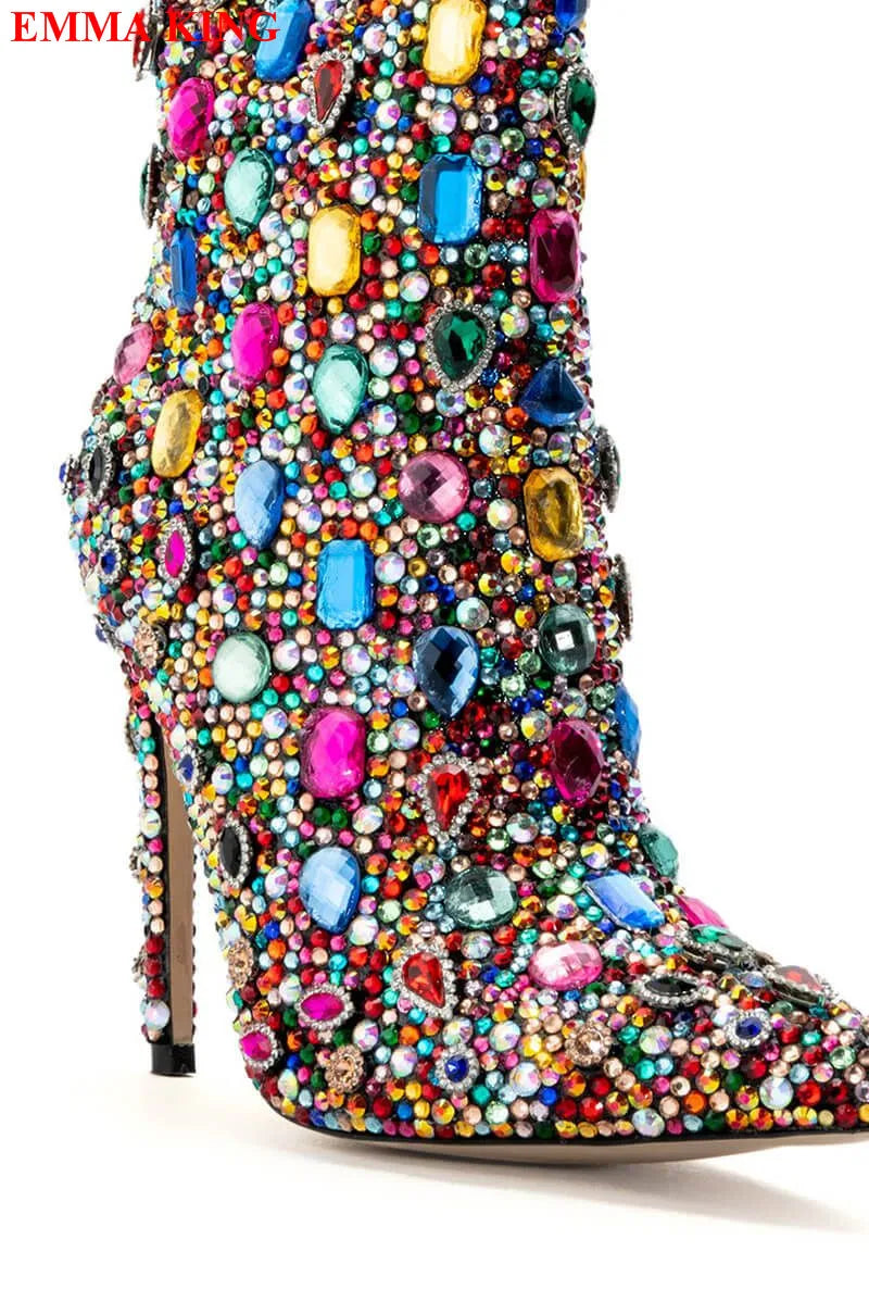 Multicolor Rhinestone Stiletto Ankle Boots For Women
