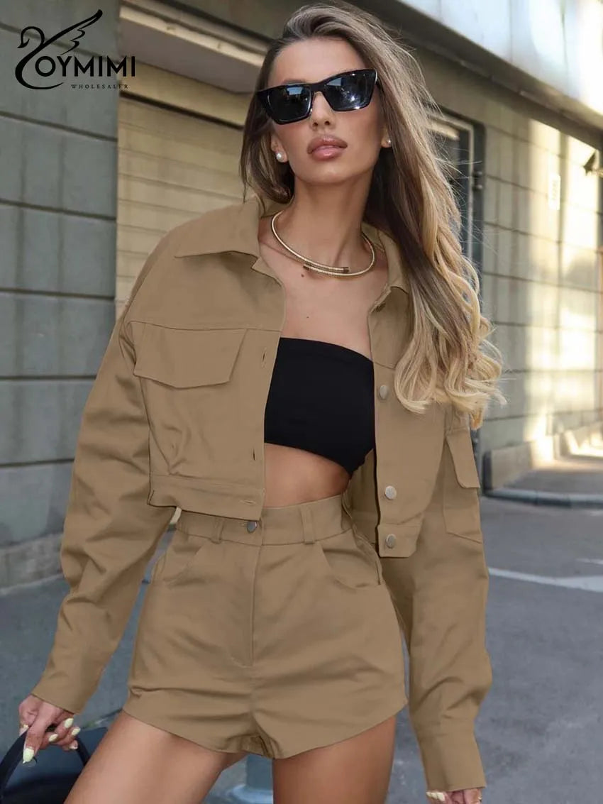 Oymimi Casual Khaki Womens 2 Piece Outfit Set Fashion Long Sleeve Button Pockets Shirts And High Waist Simple Shorts Streetwear
