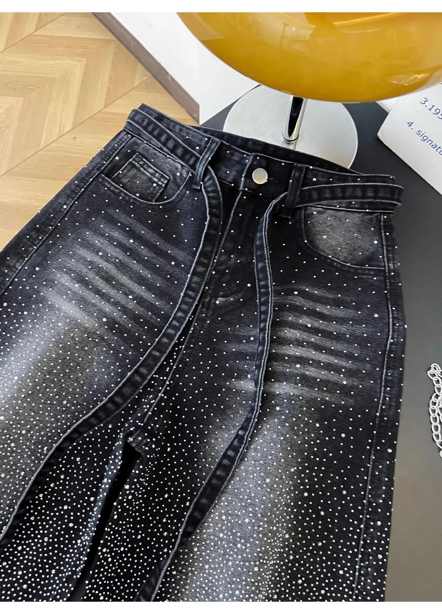 Glittering Rhinestone Wide Leg Denim Pants for Women
