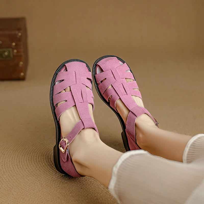Retro Cowsuede Buckle Strap Closed Toe Sandals for Women