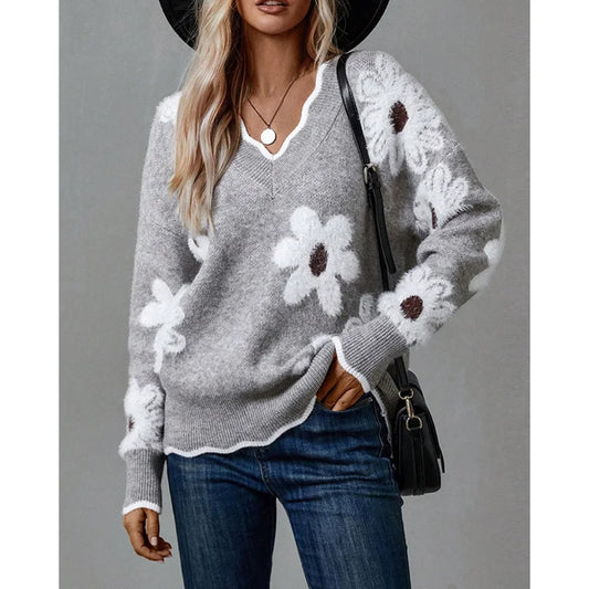 Women Contrast Binding 3D Flower V Neck Long Sleeve Pullover Sweater Casual Loose Fit Fall Top for Autumn Winter Outfits