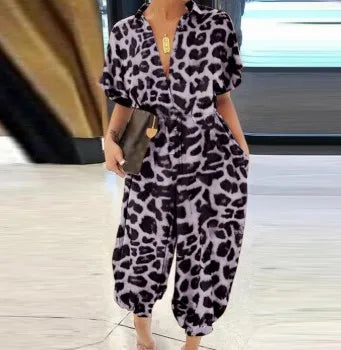 Leopard Print Short Sleeve Lace-Up Pocket Jumpsuit for Women