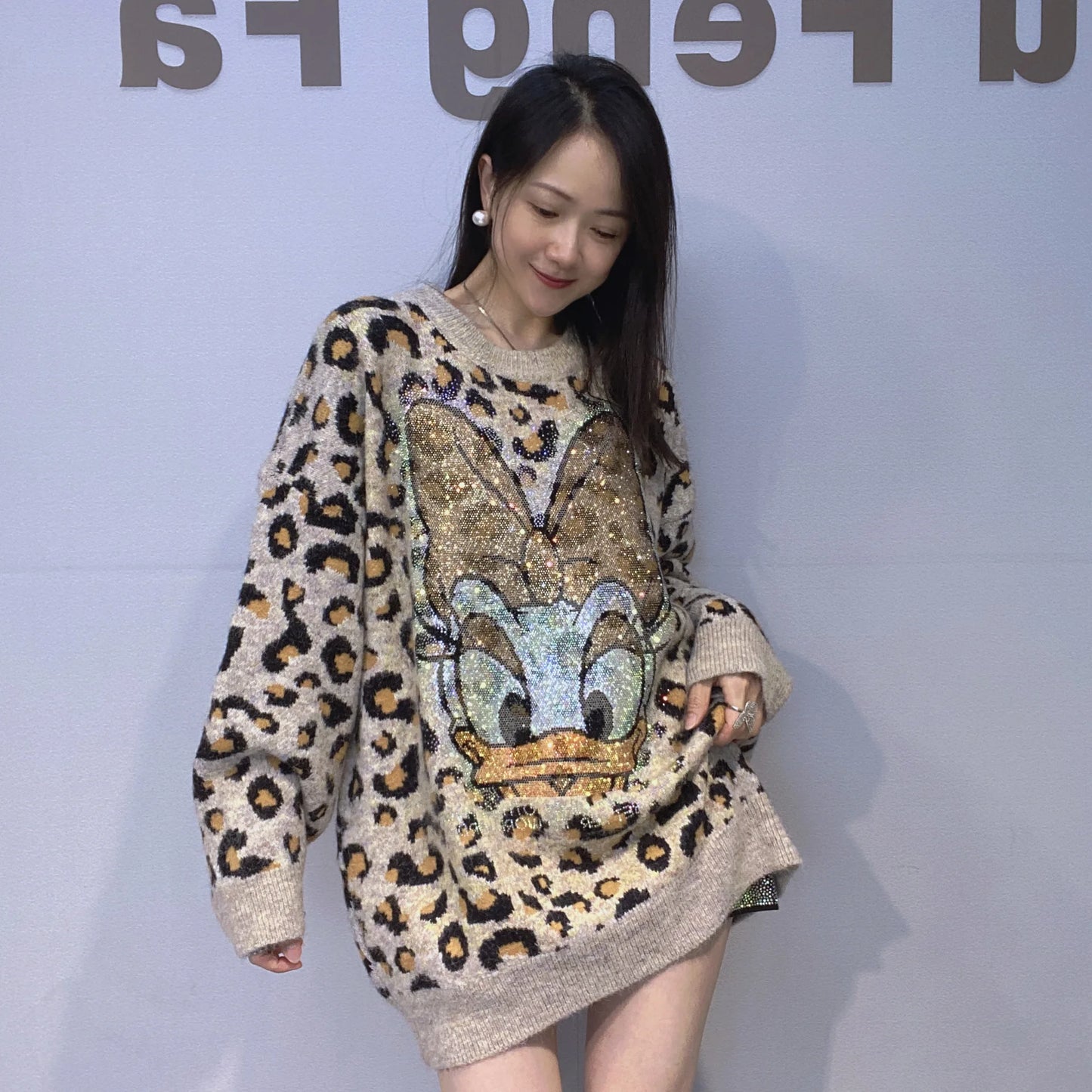 Lazy Wind Cartoon Hot Drilling Women Knitted Pullover Top Fashion Autumn Winter Mid-long Leopard Full Sleeve Casual Sweater Tops