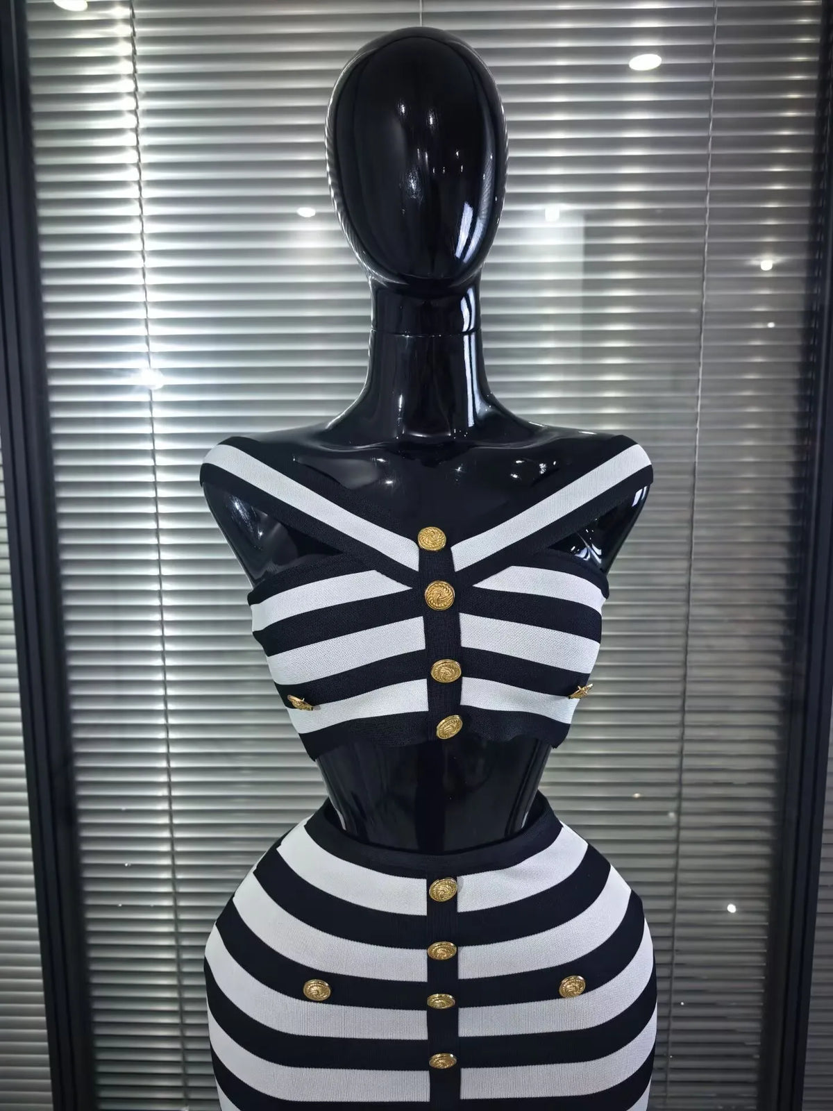 High Quality Women Sexy Slash Neck Striped 2 Pieces Bodycon Midi Bandage Dress Nightclub Party Celebrate Evening Clothing