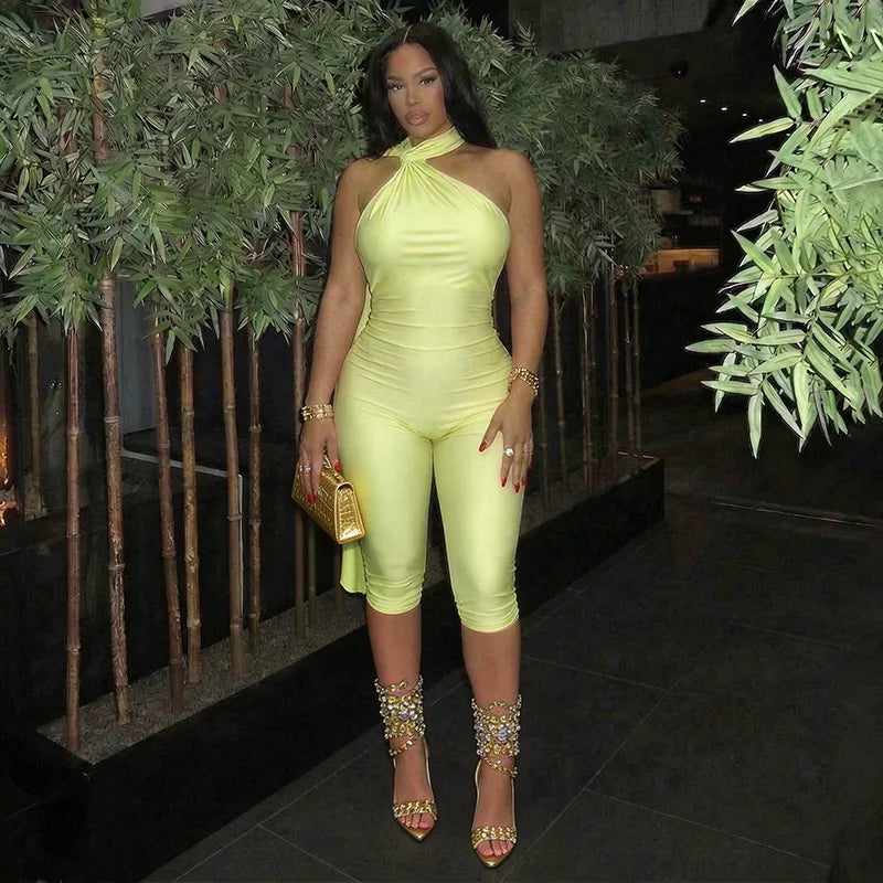 Sexy Ruched Backless Halter Bandage Jumpsuit for Women