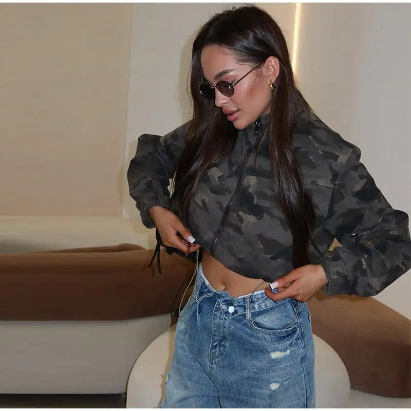 Y2K Camouflage Cropped Zip Jacket With Stand Collar for Women