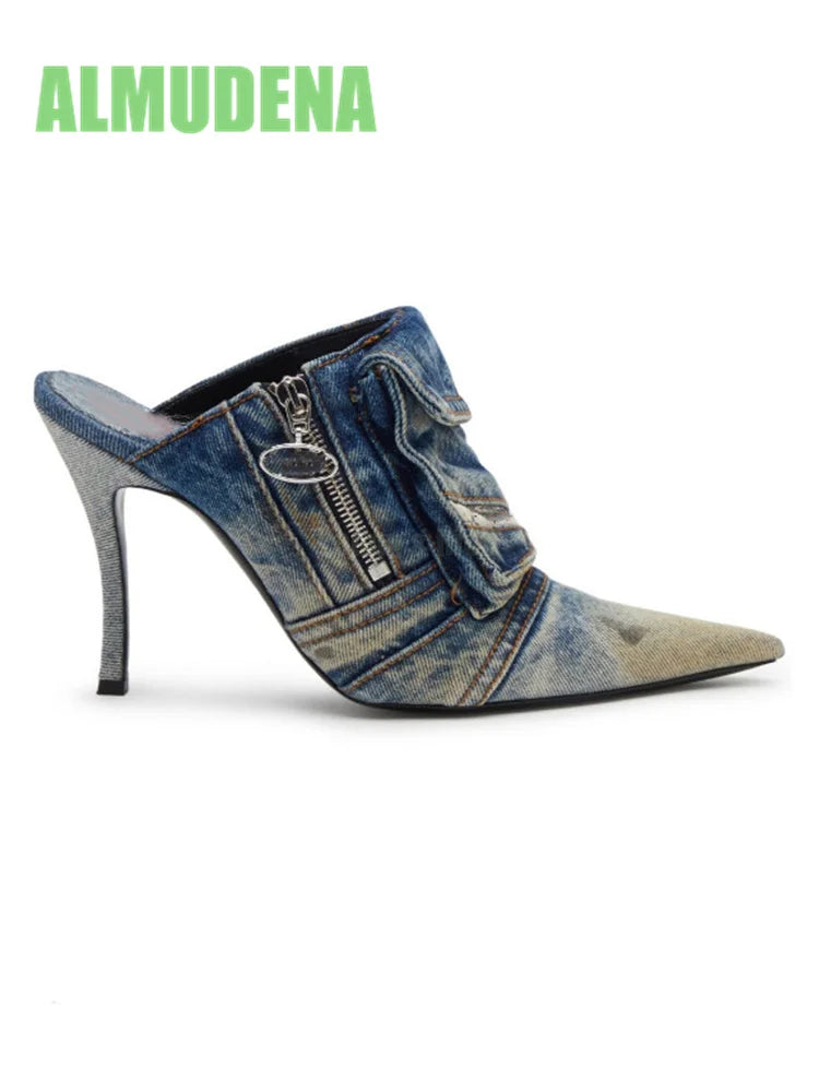 Denim Wrapped Thin High Heel Pointed Toe Pumps For Women