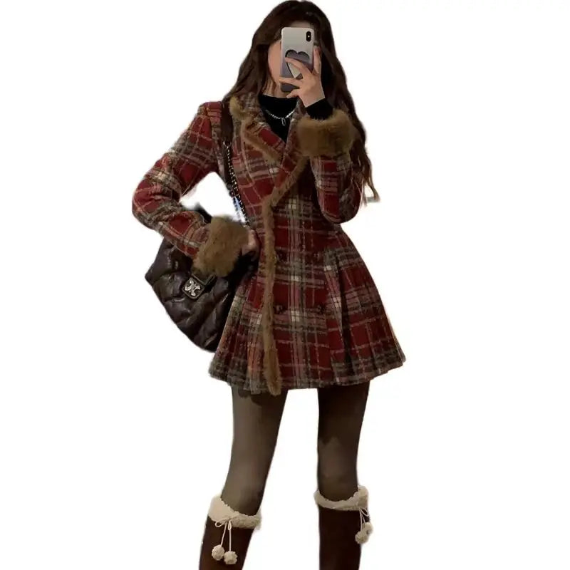 Women's Double Breasted Plaid Coat, Woolen Jacket , V-Neck, Loose Tops, Female Clothes, Sweet, New, Autumn, Winter