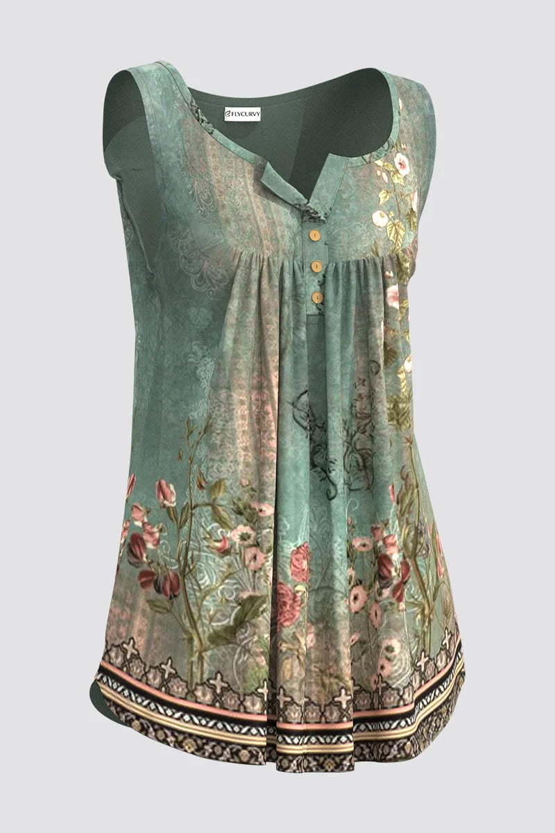 Flycurvy Plus Size Casual Green Retro Boho Floral Print pleated Tunic Tank Top