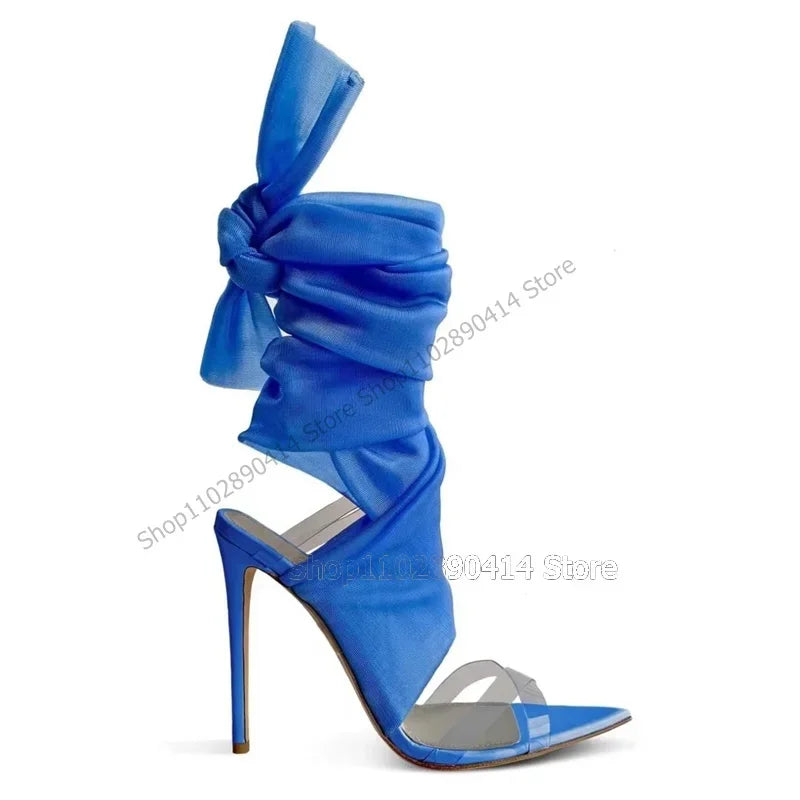 Blue Mesh PVC Hollow Cut Heel Open Toe Back Strap Sandals for Women