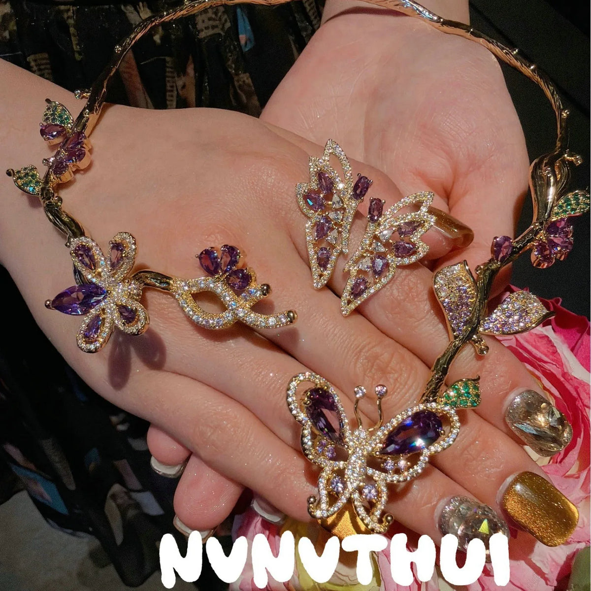 Purple Butterfly Zircon Necklace and Earring Set for Women