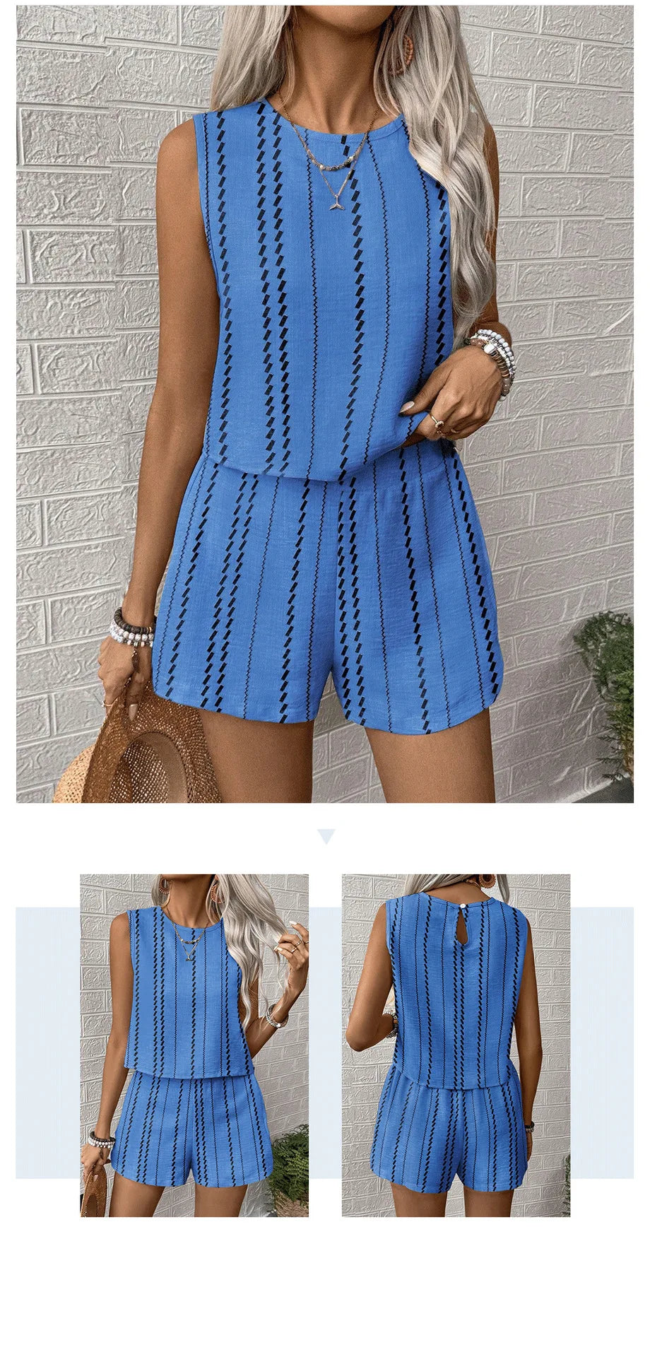 Vertical Striped Crop Top And Shorts Two Piece Set for Women