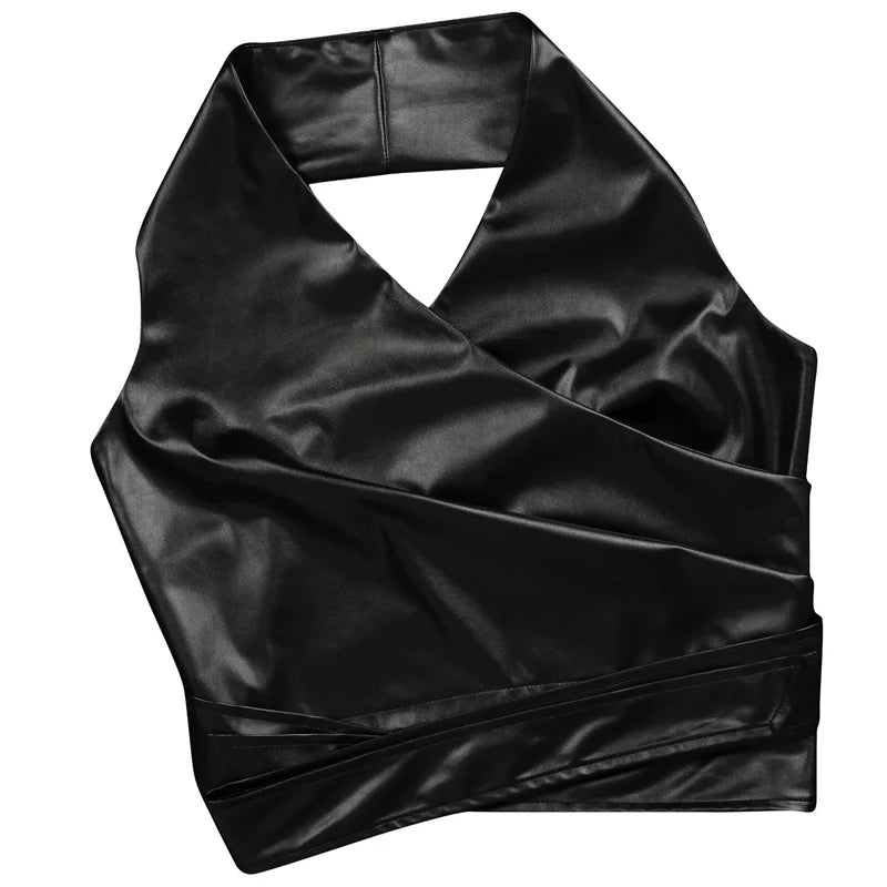 Elegant PU Faux Leather 2 Piece Sets Women Outfit Clubwear Party Halter Backless Crop Top and Wide Leg Pants Matching Sets Y2K