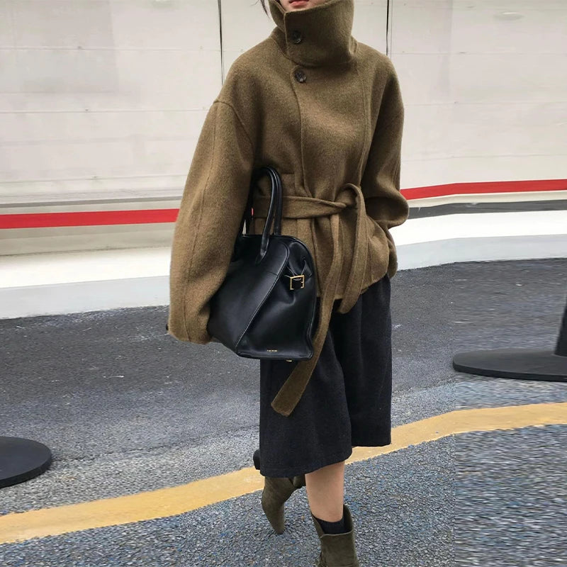 Double Breasted Cropped Jacket With Turn Down Collar for Women