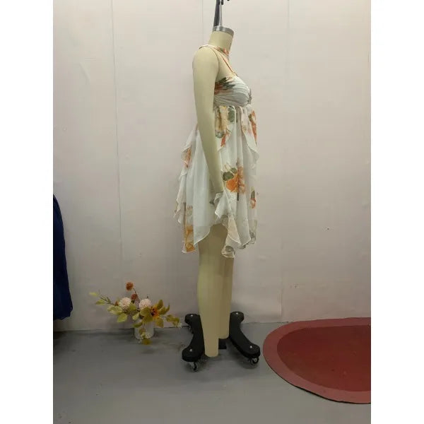 Casual Mini Dress for Women 2025 Summer Print Pleat Scarf Collar Chic Sleeveless Off Shouder Short Vestido Lady Party Beach Robe