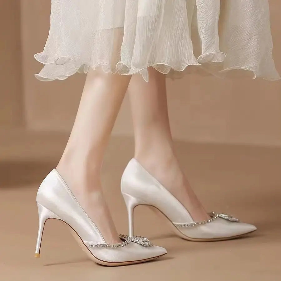 Rhinestone Pointed Toe Satin Wedding Pumps for Women