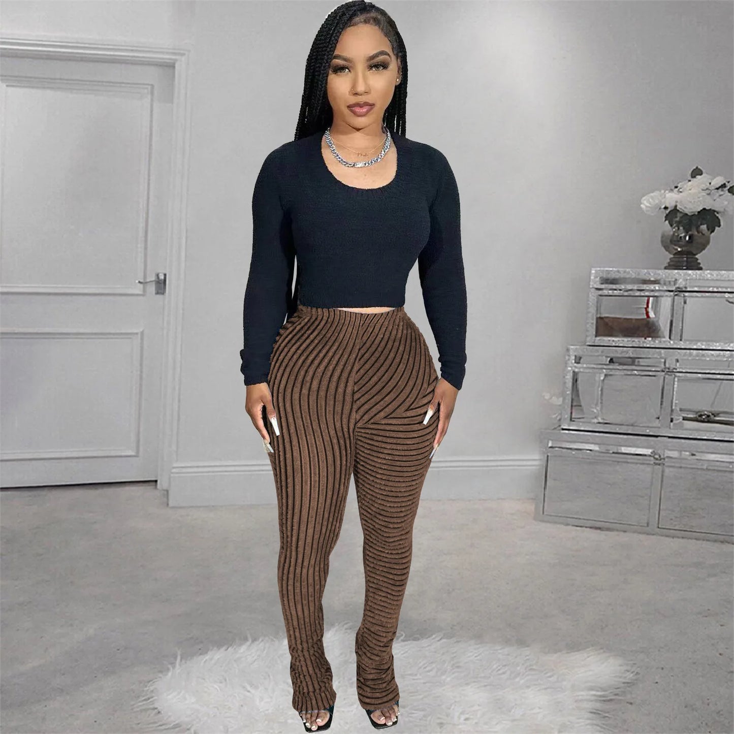 FAGADOER Stripe Plush Stacked Pants Women Casual Solid Color Fur Patchwork Flare Trousers Y2K Female Streetwear Bottoms 2025 New
