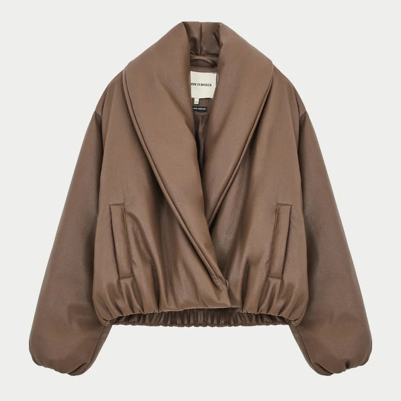 PU Leather Women's Cotton Coat Vintage Laple Full Sleeve Thicken Pockets Female Parka Jackets 2025 Autumn Winter Lady Streetwear