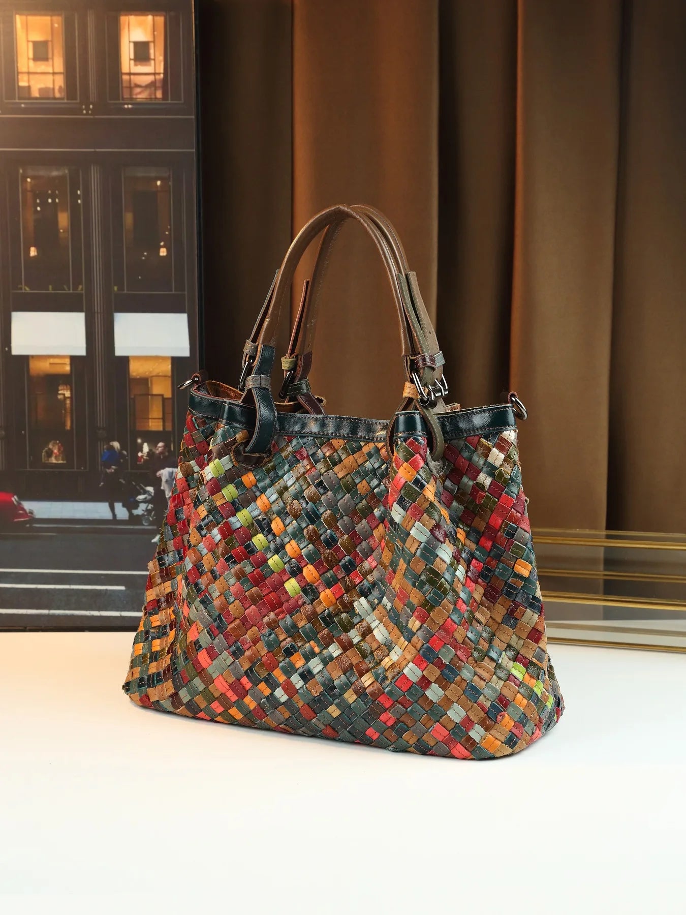 ABQP New Women's Handbag Made of Genuine Leather Hand Woven Women's Single Shoulder Crossbody Bag Color Spliced Women's Bag
