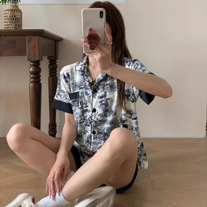 Chinese Elegant Ink and Wash Painting Women's Pajamas Ancient Style Classical Flavor Sleepwear 2024 New Summer Fashion Nightgown