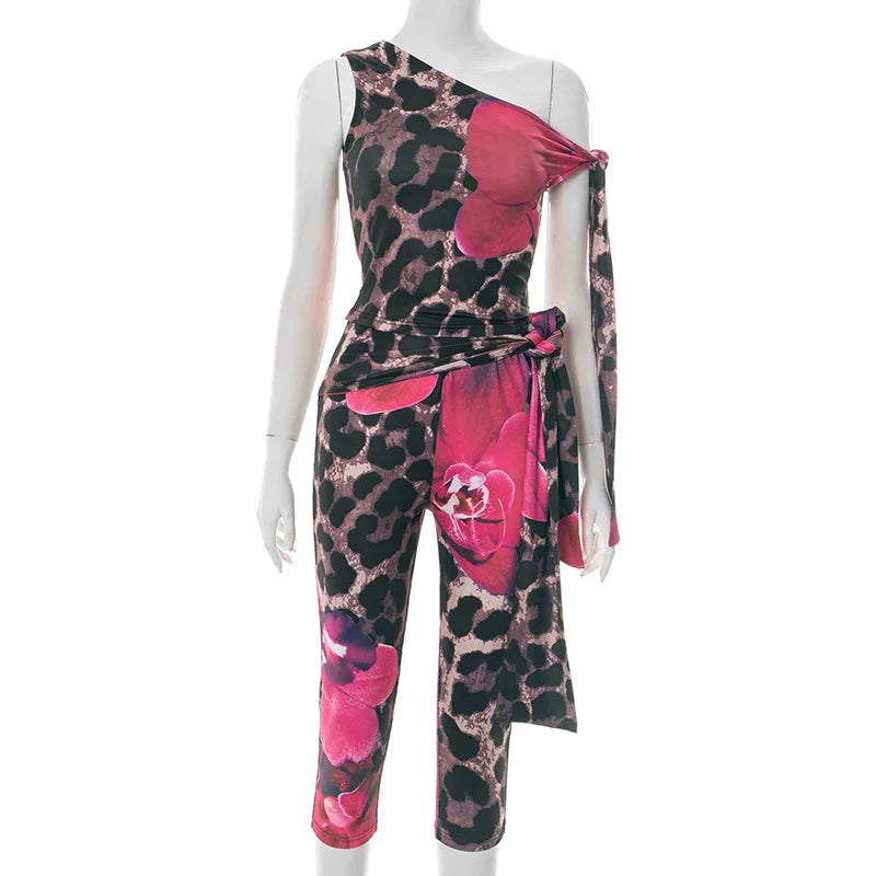 FAGADOER Sexy Leopard Floral Print Two Piece Outfits Woman Skew Collar Bandage Tank Tops + Skinny Pants Matching Streetwear New