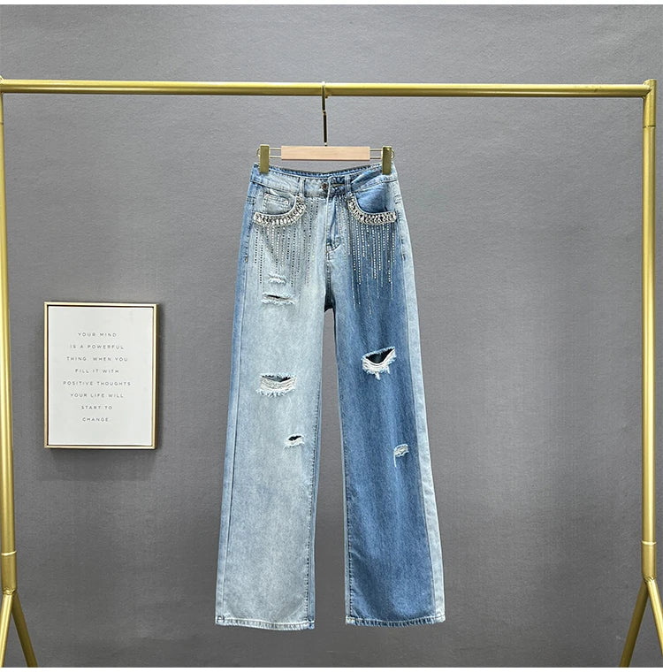 High Waist Wide Leg Jeans Women's Summer New Sle Diamond Embellied Hong Kong Sle Loose Fit Slimming Long Pants