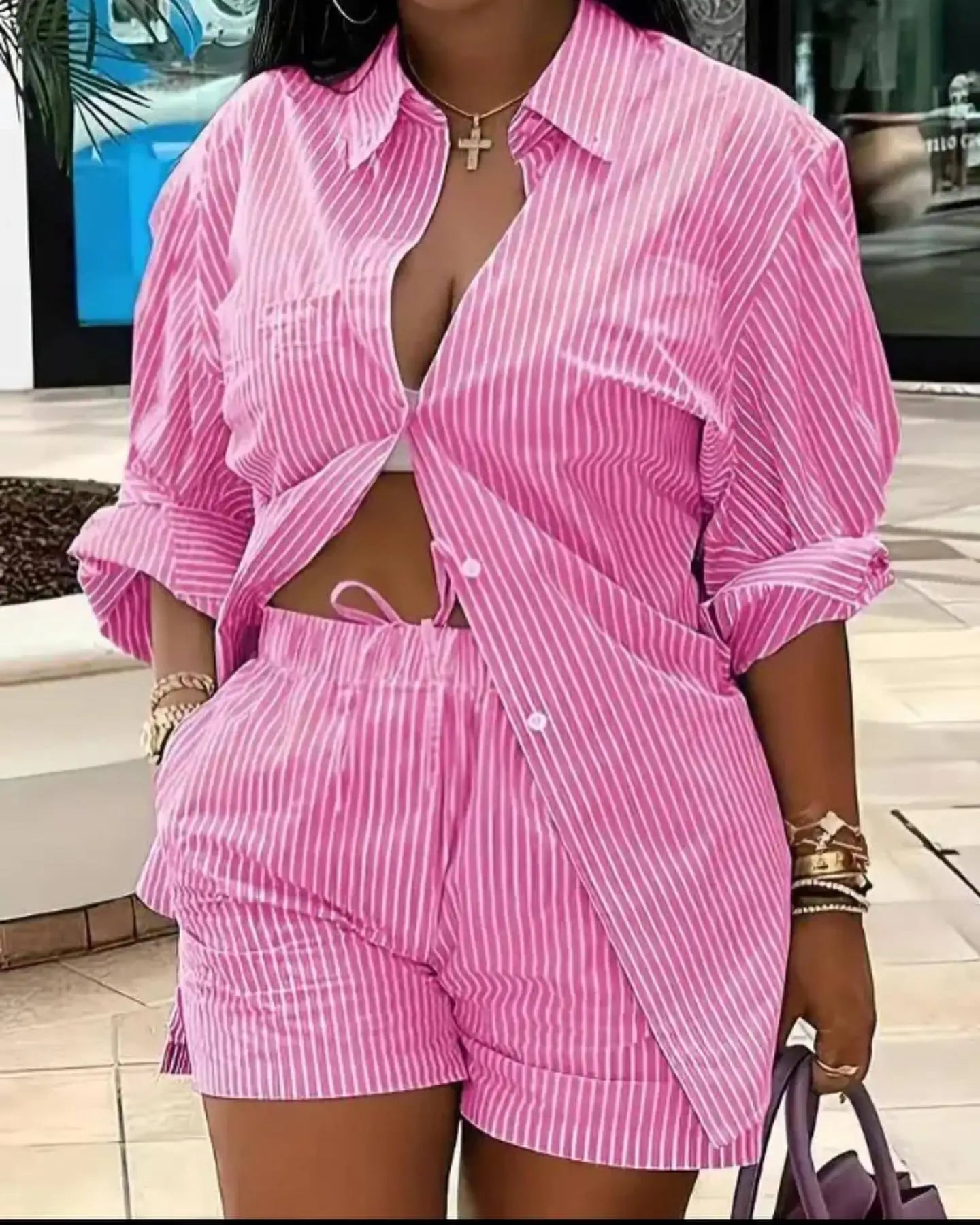 Casual Geometric Print Shirt Shorts Two Piece Set for Women